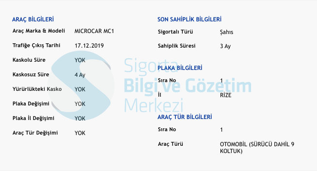Örnek Araç Detay Görünümü